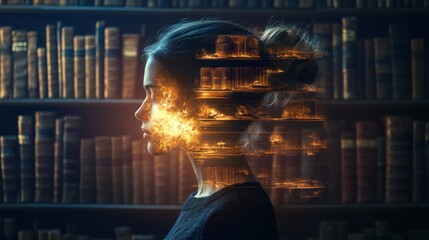 Aufkleber - Mystical silhouette of a woman against a backdrop of a library filled with bright, fiery elements and books