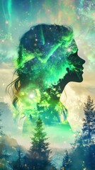 Aufkleber - Mystical portrayal of a glowing woman in nature surrounded by an ethereal landscape at twilight