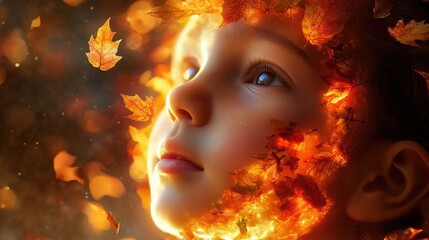 Poster - Mystical glow surrounds child's face amidst autumn leaves illuminated by warm light
