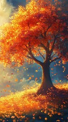 Poster - Mystical tree glowing with autumn hues under a vibrant sky at dusk in a serene landscape