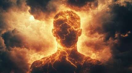 Poster - Mysterious silhouette of a man surrounded by fiery clouds and vibrant lightning