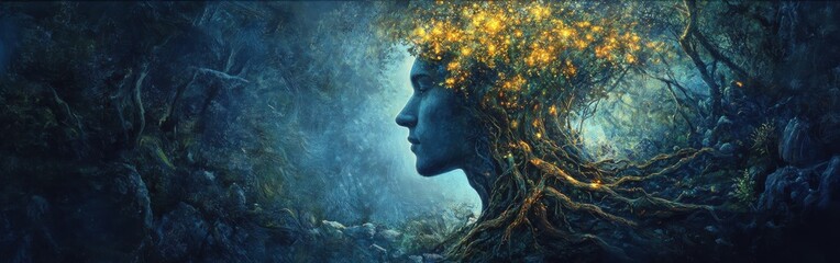 Aufkleber - Mystical profile of a man with a tree-like structure filled with glowing elements in an enchanted forest setting