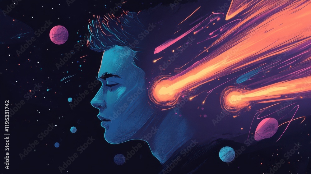 Profile of a man filled with cosmic elements and vibrant colors ...