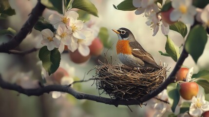 Aufkleber - Mother robin carefully arranges twigs in her nest amidst blooming apple blossoms on a sunny spring day