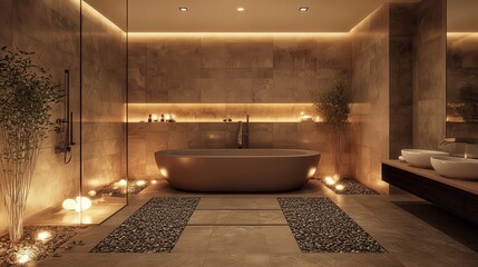 Poster - Minimalist spa-style bathroom with soothing pebble details and warm lighting at evening