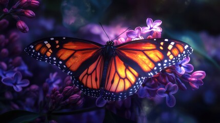 Poster - Vibrant butterfly resting on purple flowers in a sunlit garden during springtime