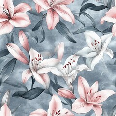 Aufkleber - Delicate watercolor doodles featuring elegant lilies in soft hues of pink and white against a serene backdrop