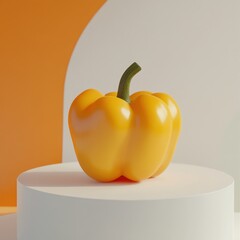 Poster - Fresh yellow bell pepper showcasing its glossy surface on a white pedestal against an orange backdrop