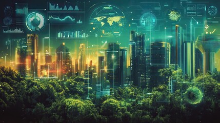 Poster - Futuristic city skyline blending nature and technology with financial data displays at dusk