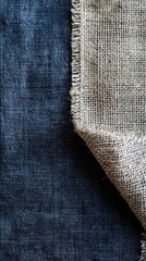 Fototapete - Bold combination of navy blue fabric with silver-textured burlap creating a striking visual contrast in a textile arrangement