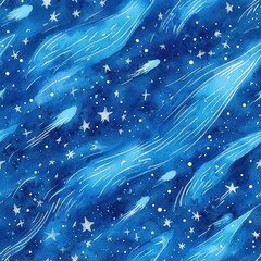 Poster - Bold doodle cartoon drawings of a whimsical starry night with comet trails and shimmering stars in shades of blue
