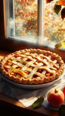 Aufkleber - Close-up of a freshly baked apple pie with a golden crust resting by a sunny window in autumn