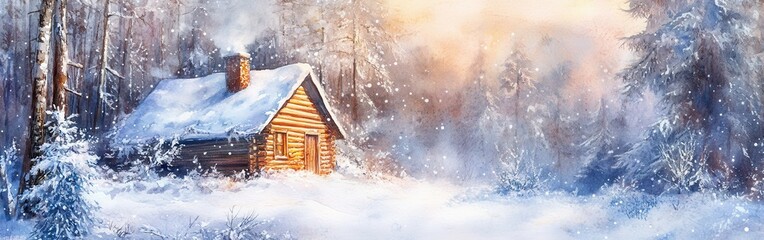 Aufkleber - Cozy wooden cabin surrounded by snowy trees on a chilly winter day with soft sunlight illuminating the scene