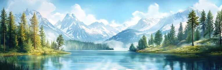 Poster - Serene mountain lake surrounded by lush greenery and majestic peaks on a clear day with vibrant watercolor background