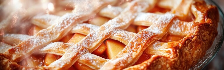Aufkleber - Close-up of an apple pie with golden crust and powdered sugar on top in a cozy kitchen setting