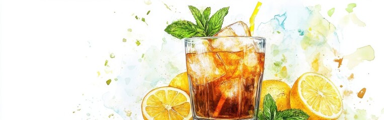 Aufkleber - Refreshing summer beverage with ice and lemon on a watercolor background