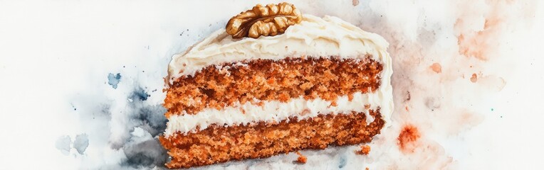 Aufkleber - Delicious close-up of a moist carrot cake with cream cheese frosting and a walnut topping on a watercolor background