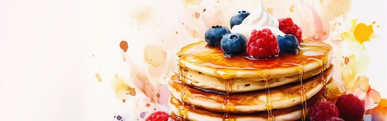 Aufkleber - Close-up of delicious pancakes stacked high with fresh blueberries and raspberries, drizzled with syrup on a colorful watercolor background