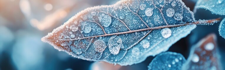 Poster - Close-up view of a frosted leaf with droplets in a serene winter setting capturing nature's beauty