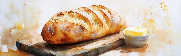 Poster - Freshly baked bread with butter on a wooden board in a cozy kitchen setting