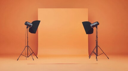 Poster - Photo studio setup with bright orange backdrop and lighting equipment