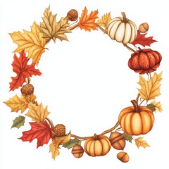 Poster - Beautiful autumn wreath featuring colorful leaves, pumpkins, and acorns set against a blank background for decoration