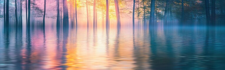 Poster - Ethereal reflections of pink and yellow hues on calm water at dawn in a serene forest landscape