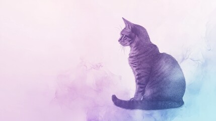 Poster - Elegant silhouette of a cat sitting gracefully in soft pastel colors and pencil sketch style