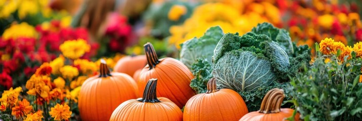 Aufkleber - Lush vegetable garden filled with carrots, cabbages, pumpkins, and vibrant flowers during the golden hour of autumn. Generative AI
