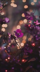 Aufkleber - Glowing deep plum and soft lilac bokeh lights create an enchanting atmosphere in a soft floral setting during twilight hours