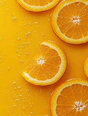 Poster - Fresh orange juice displayed with sliced oranges on a vibrant yellow background in a sunny setting