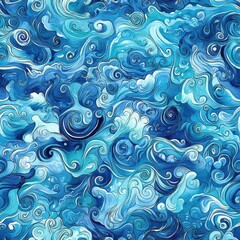 Aufkleber - Intricate doodle cartoon drawing of swirling blue waves in various shades capturing a dynamic oceanic movement