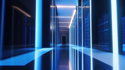 Poster - Modern data center interior with blue neon lights, a computer prism, and a corridor leading to rows of large server cabinets. Perfect for cloud computing and digital storage service visuals