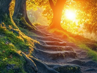 Wall Mural - enchanted forest path through ancient trees with golden sunbeams creating magical atmosphere while morning mist swirls around moss-covered roots at dawn