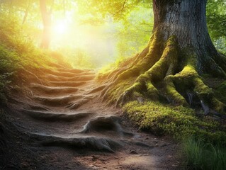 Wall Mural - enchanted forest path through ancient trees with golden sunbeams creating magical atmosphere while morning mist swirls around moss-covered roots at dawn