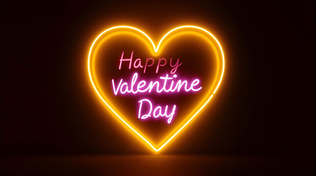 Happy Valentine's Day Card Golden light heart with pink text on black background