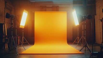 Poster - bright orange backdrop with studio lighting for photography sessions