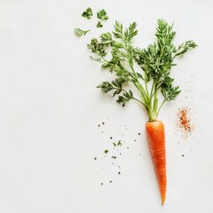 Poster - Fresh orange carrot with vibrant green tops on a light background sprinkled with natural herbs and spices