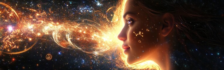 Poster - Surreal representation of a glowing woman surrounded by cosmic elements during a dreamlike moment of introspection