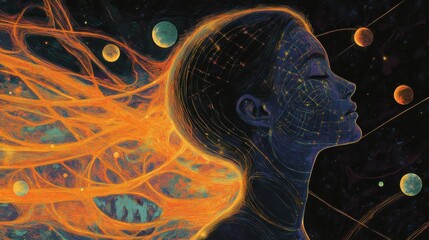 Poster - Surreal representation of a glowing woman in a cosmic landscape surrounded by planets and vibrant colors