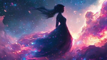 Poster - Surreal glowing woman in a cosmic landscape with vibrant colors and swirling clouds at twilight