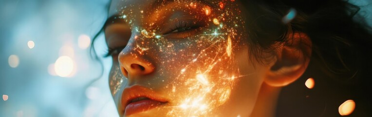 Poster - Surreal glow of a woman's face amidst cosmic elements in a dreamlike atmosphere