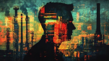 Aufkleber - Surreal silhouette of a man surrounded by vibrant cityscape and industrial elements at dusk