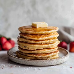 Poster - Stack of fluffy buttermilk pancakes topped with a slice of butter and drizzled with syrup, ready for breakfast