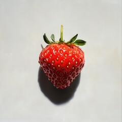 Poster - Ripe strawberry with dew drops rests on a smooth surface, showcasing its vibrant color and texture