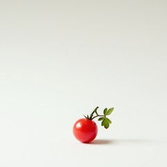 Poster - Glossy red cherry tomato with green leaves on a clean background showcasing fresh produce quality