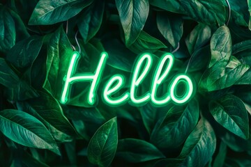 Poster - Hello, green neon sign on a lush leaves background.