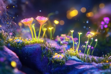 Poster - Explore a vibrant magical microscopic ecosystem full of friendly microbes and blooming plants in a fantastical setting. Generative AI
