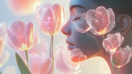 Poster - Serene visualization of a woman's profile surrounded by glowing flowers at dawn