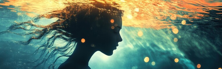 Poster - Serene portrait of a glowing woman seen underwater creating an enchanting atmosphere of light and beauty